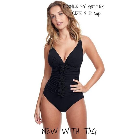 Profile by Gottex Black One Piece Swimsuit, Size 8D Cup - New with Tags - Picture 1 of 5